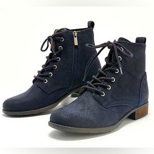 Earth Leather Janel Lace-Up Ankle Boots Dark Blue Size 8W WIDE NWT